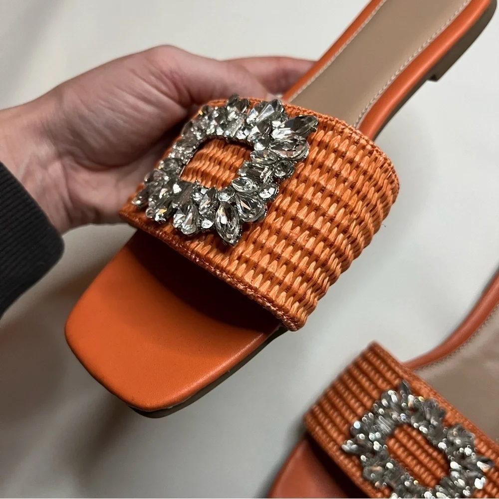 Amazon LVOMU Rhinestone Orange Weave Square Toe Flat Slide Sandals Size EU 38
